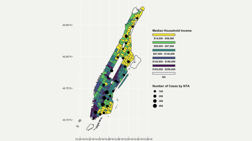 Map of Manhattan showing Burglary Crimes for Neighborhood Tabulation Areas in Manhattan in 2020  Filled with Median income per household