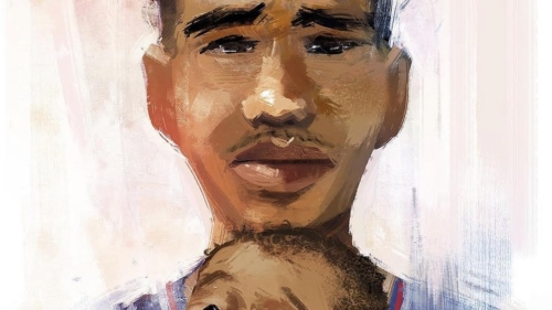 A painting of Daunte Wright and his young son
