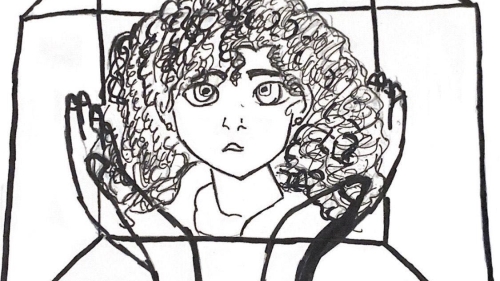 Illustration of hands holding a face inside a box