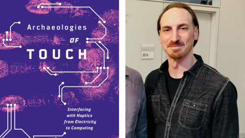 Picture of David Parisi alongside his book, Archaeologies of Touch
