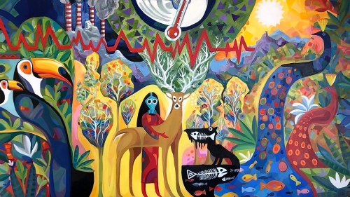 A colorful painting of animals and a human figure in a surreal landscape.