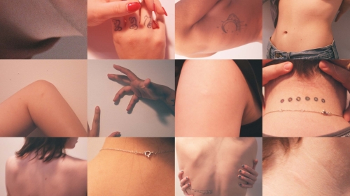 A collage of flesh: backs, arms, necks. And lots of tattoos and jewelry. No faces are pictured. 