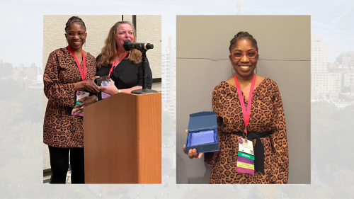 two images of a person receiving an award at conference