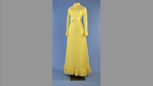 lemon-yellow chiffon gown with high neck. 