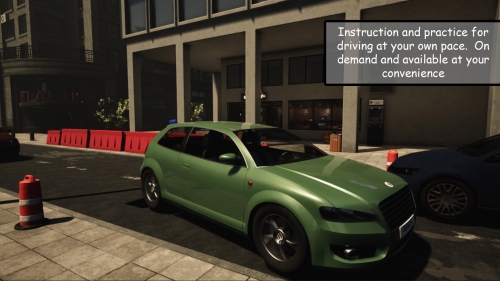 A still photo of an animated green car with the text "Instruction and practice for driving at your own pace. On demand and available at your convenience."