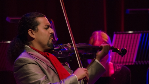 A photo of Leonardo playing the violin with passion. 