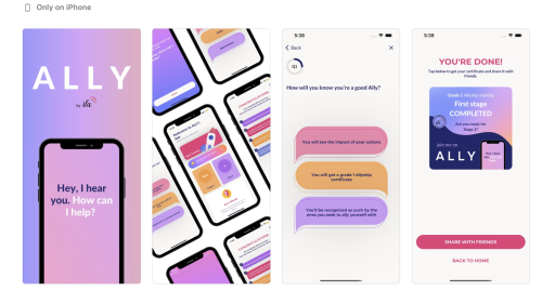A screenshot of the Ally app as it appears in the Apple Store there are four sections with show the app and the text messaging feature. 