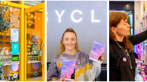 The image is a triptych and consists of a space where Ally is used and two women, the center image a woman wears a tie-dye shirt and left image features a woman who also uses the app. 