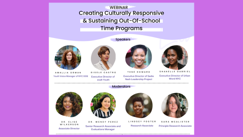 Image of Purple Square with a light violet and white colored graphic box inside. The graphic features Black text that reads "Creating Culturally Responsive and Sustaining Programs. The graphic features photos of webinar participants