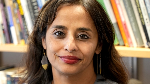 A portrait of Paula Chakravartty wearing a gray blouse in front of a bookcase.