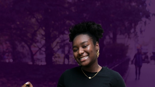 A photo of Jeanine Toussaint, a smiling Black woman, against a purple background.