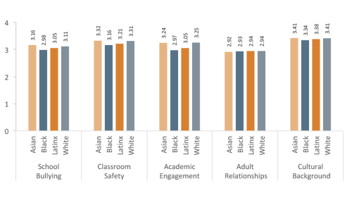 This figure displays how school-wide averages across different domains of school climate vary by race/ethnicity.