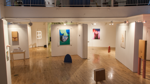 An image of a BFA thesis show installed in the Commons gallery in the Barney Building