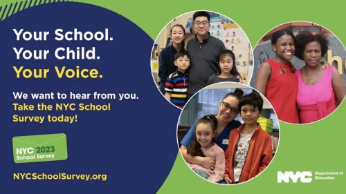 NYCDOE graphic promoting the 2023 NYC School Survey. Text reads: "Your school. Your Child. Your Voice."