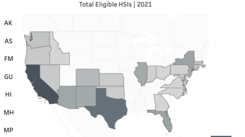 A map of the US that depicts Hispanic-Serving Institutions (HSIs) across the US for 2021. The darkest states, representing the highest concentration of HSIs, are California and Texas. 
