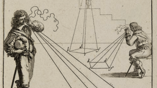 17th century ink drawing depicting perspective by showing men surveilling the land