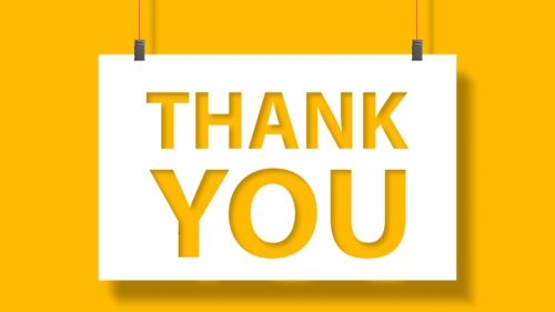 Bright yellow graphic centered around a white rectangle with shards of text carved out of it, which reads "Thank You".