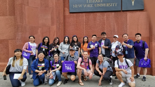 students from the TESOL in Shanghai program in front of Bobst Library in NYC