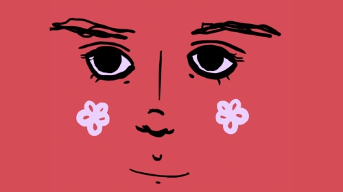 This image captures the facial elements placed on a solid red colored background. Starting at the top of the image, it features 2 brows, above two eyeballs looking at the viewer. The image also features a nose, and a seeming wry, smiling mouth. Smile expressed in this image, seems to be in contradiction with the two sets of 3 tears appearing to be coming out of each of the eyes in the drawing.