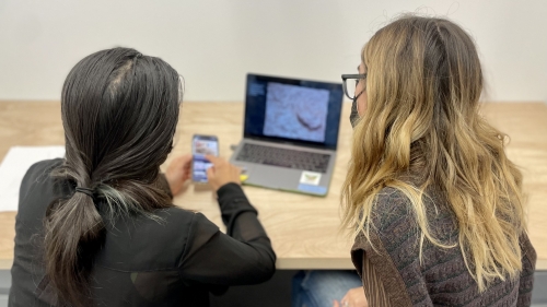 Two people with long hair looking at digital art on a phone and laptop.