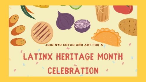 cartoon images of Latinx food with text overlay that says "Latinx Heritage Month Celebration"