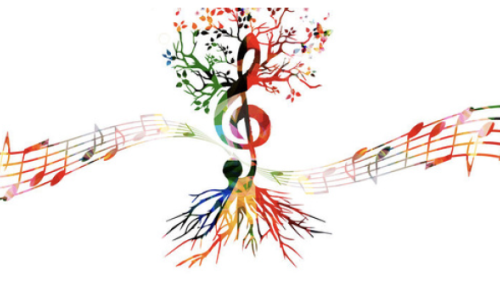 Painted music score in rainbow colors twisted to form a tree with roots