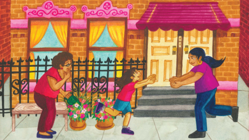 An illustration of a little girl happily running from her grandmother to her mother. The illustration is the cover of a book titled "See You Soon" written by Mariame Kaba and illustrated by Bianca Diaz.
