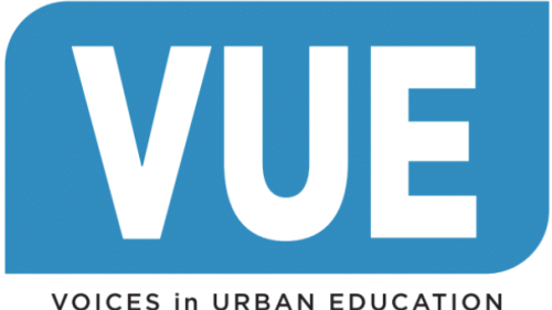 Image captures the logo for NYU Metro Center's Voices in Urban Education (VUE). The logo is blue with white letters, above black text against a white background which reads "Voices in Urban Education".
