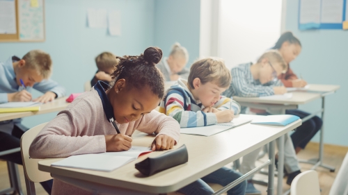 Students sitting in a classroom.