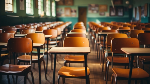 Empty desk chairs in a classroom.