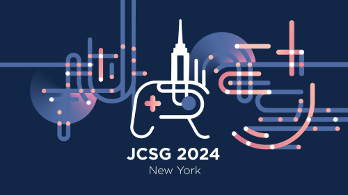 A logo of a game controller and a skyscraper with the text "JCSG 2024 New York."