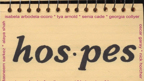the show title hos·pes appears on yellowed notebook paper. the names of the artists surround it in pink font