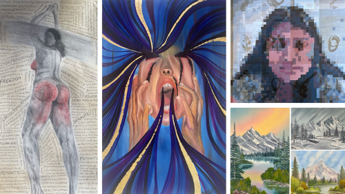 Six pieces of art by Akanksha Somani including abstract portraits and scenic landscapes