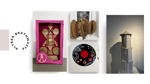 Four pieces of art by Alyssa Brathwaite, primarily in woodworking and sculpture.