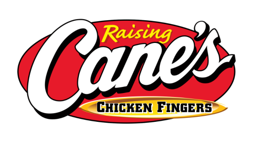 Image captures the Raising Cane's Chicken Fingers logo. The red colored over features yellow text the reads. "Raising", and white cursive text which reads "Cane's". At the bottom of the red colored  oval features a yellow swoosh with the words "Chciken Fingers" in black text.