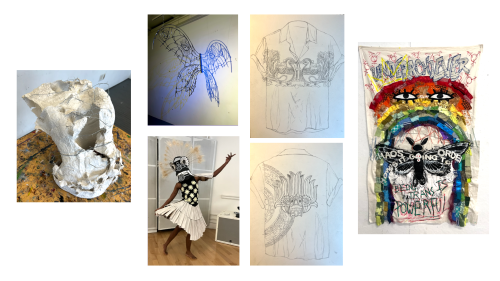 Five pieces of art by Kaveh D'Rosairo including two sketched shirt designs, one costume piece on a model, a tapestry/banner, a sculpture, and 3D wings.
