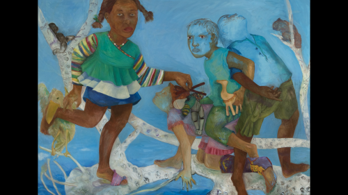 Oil painting by Philemona Williamson, Branching Eyes. Children — some of whom are transparent — play on surrealist tree branches covered in eyes