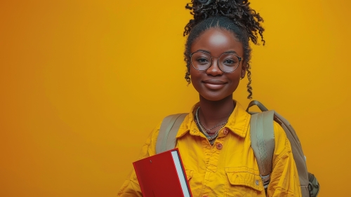 Image captures African American middle school student holding a red book in her arm. This student is wearing a yellow shirt and backpack. The photo is taken against golden yellow backdrop, making the color of the student's shirt.