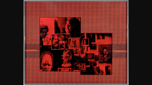 The collage is tinted red and features photographed arranged on an African cloth.