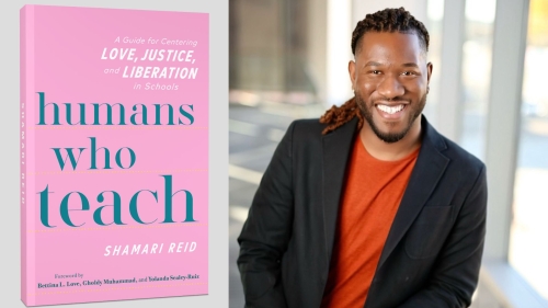 Shamari Reid headshot with Humans Who Teach book cover