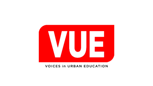 Image captures logo for NYU Metro Center's Voices in Urban Education (VUE). VUE is an open-source educational research focused academic journal hosted by NYU Metro Center. The letters V,U, and E are englossed in a red colored background. VUE is completely spelled out, Voices In Urban Education immediately below red background.