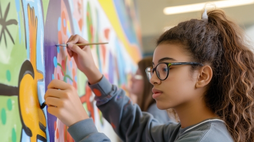 Image captures high school student painting a mural in the her school hallway. The student, sporting a high pony-tail and brown eye-glasses uses her paint brush to address the mural on the schoolhouse wall.  