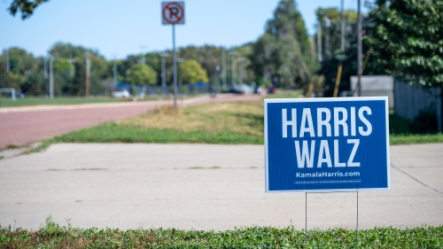 Image captures a bunch of houses in a suburban neighborhood. The photo centers around one of the driveways in front of the houses, particularly the lawn sign for the 2024 presidential election. This blue election is firmly planted in the grass adjacent to the driveway. The blue colored election sign with white text reads, "Harris / Walz"