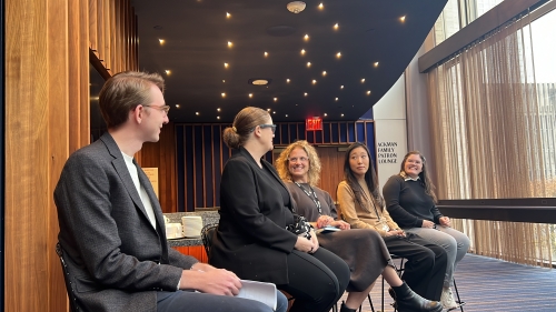 A close-up of the panelists at the New York Philharmonic site visit, including PAA alumni and staff. From left to right: Austin Rannestad, Maricha Miles, Marci Kaufman Meyers, Yejin Kim, and Eliza Barberena.