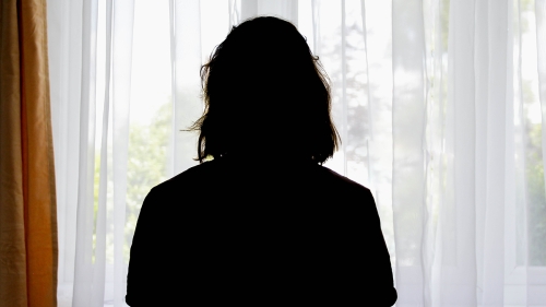 A girl looks out a window. Her silhouette is in shadow.