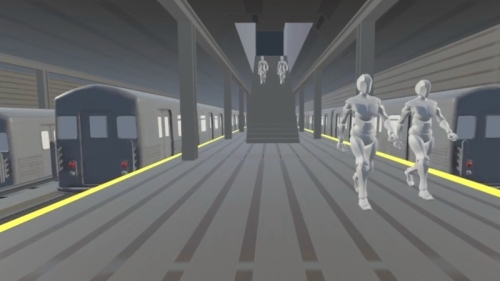 Screen capture showing subways rolling to the left and right of the image with four avatars walking toward the viewer