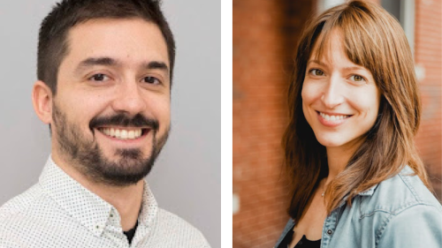Headshot of two professors, one male with gray background and one female with brick background