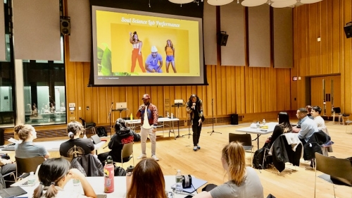 Two guest instructors teaching in room 620 Paulson Center