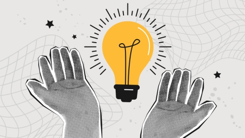 Graphics of two outstretched hands and a light bulb