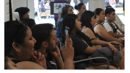 Image captures a seated audinence as they appreciate musicians that are playing before them. The musicians are not captured in the photo.